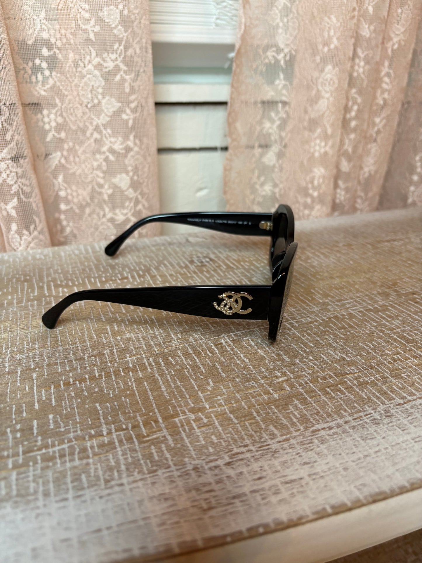 Chanel Black Acetate Sunglasses w/ Gold Tone Interlocking CC Logo