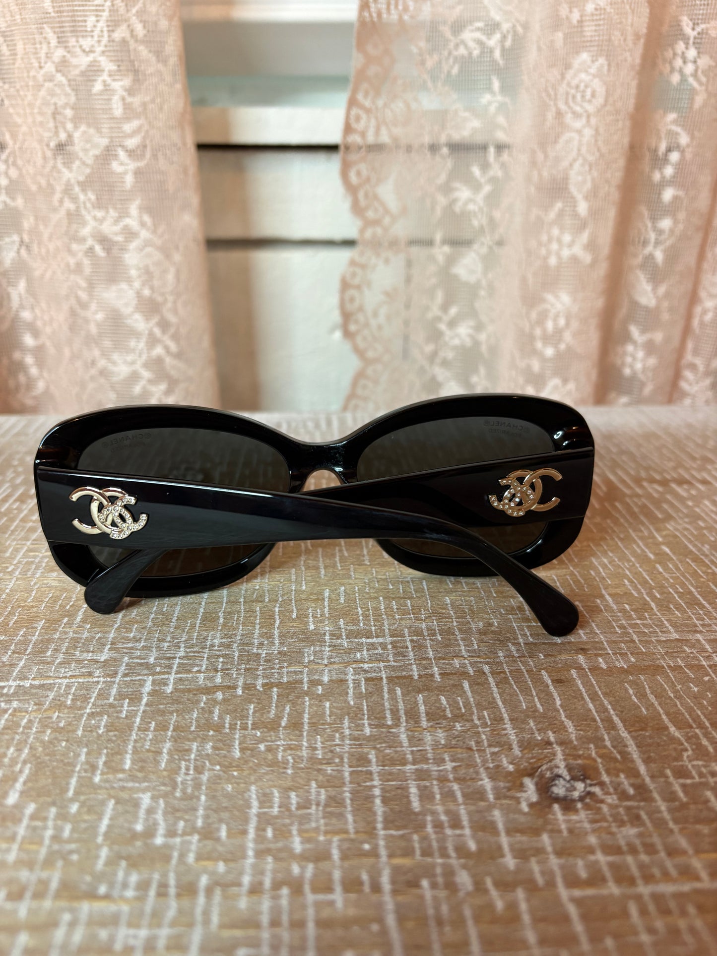 Chanel Black Acetate Sunglasses w/ Gold Tone Interlocking CC Logo