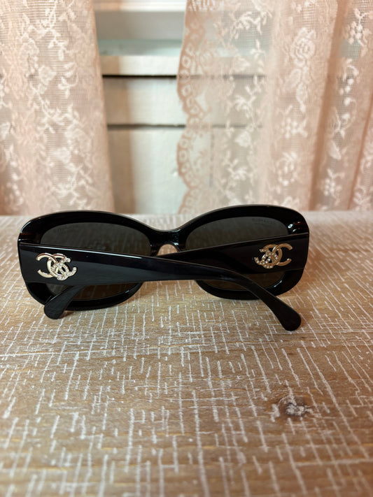 Chanel Black Acetate Sunglasses w/ Gold Tone Interlocking CC Logo