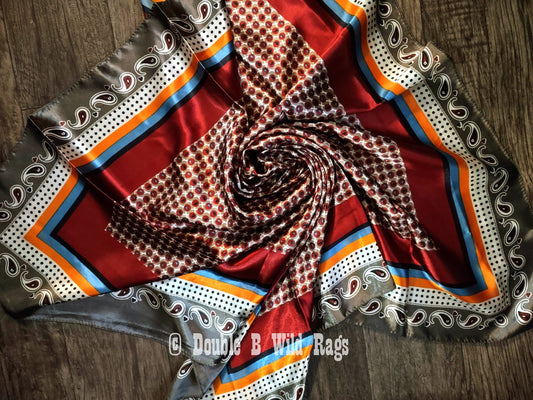 Double B Wild Rags - Wild Rag BARGAIN CORNER Motif center with Paisley Border Cowboy Western Neck Scarf by Double B Wild Rags - Burgundy and Grey