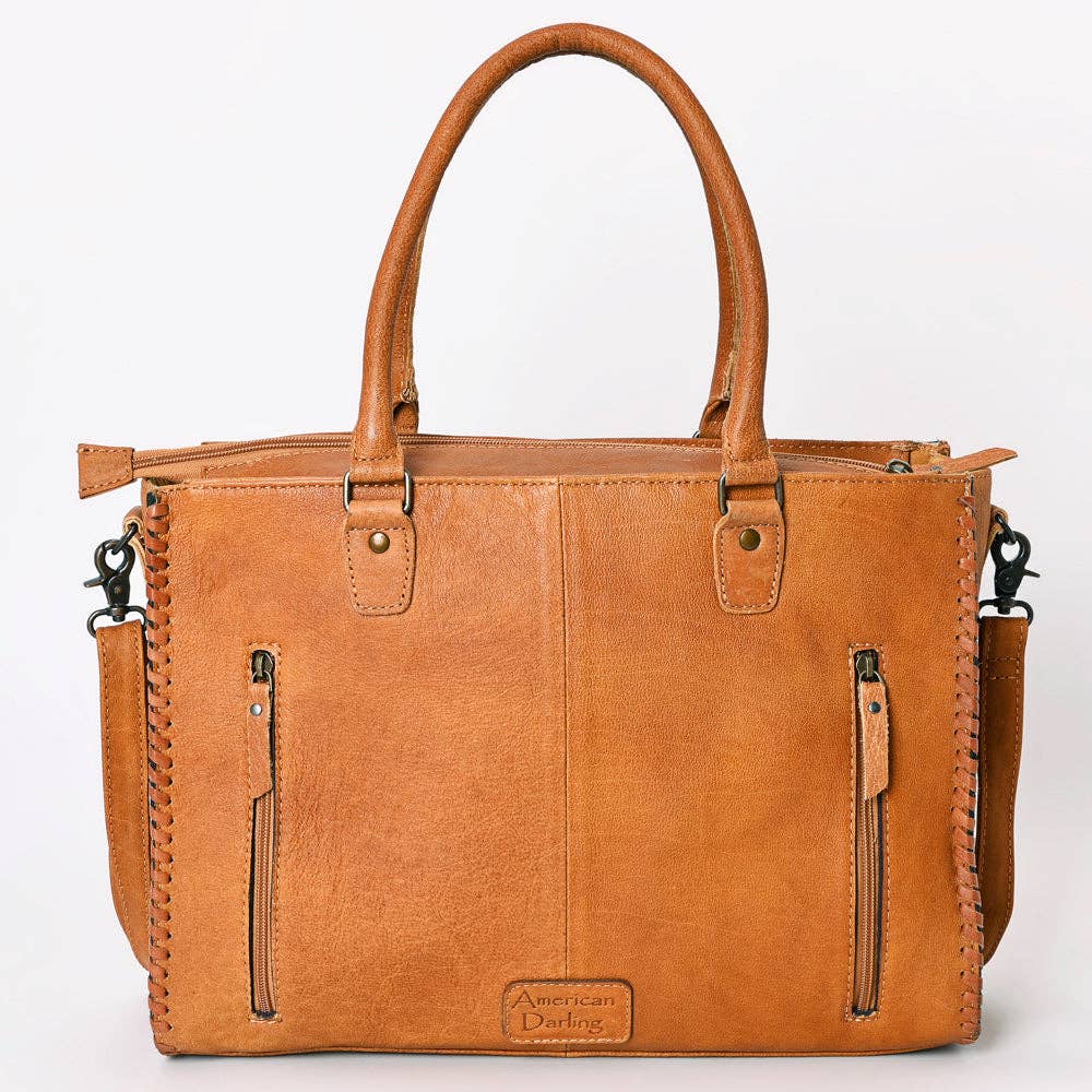 ADBG235 American Darling Western Leather Tote Bag - Hand Tooled Floral Carved Braided Purse - ADBG235J