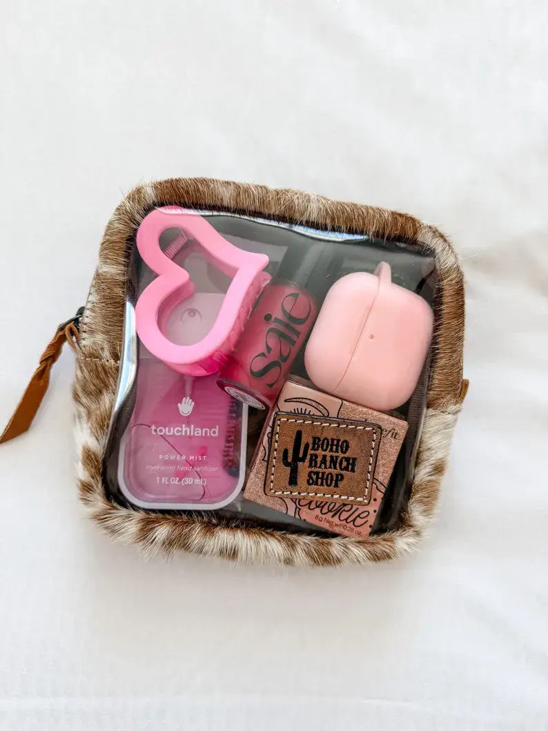 Boho Ranch Shop - Cowhide Cosmetic Clear Case - Toiletry Makeup Travel Bag - PINK + SILVER SPECS