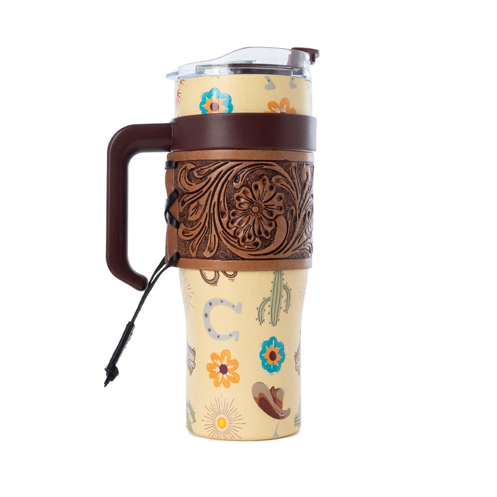 Myra Bag - Trailkissed Western Tumbler in Yellow Stainless Steel with Leather Wrap and Handle for Everyday Use - WITH TOOLING