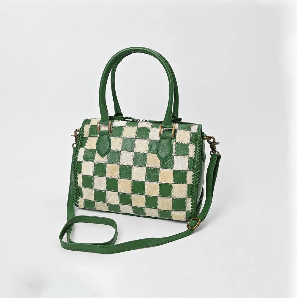 LS Western - Hair-On Hide Satchel Bag for Women Checkered Leather Handbag - ADBGM860B