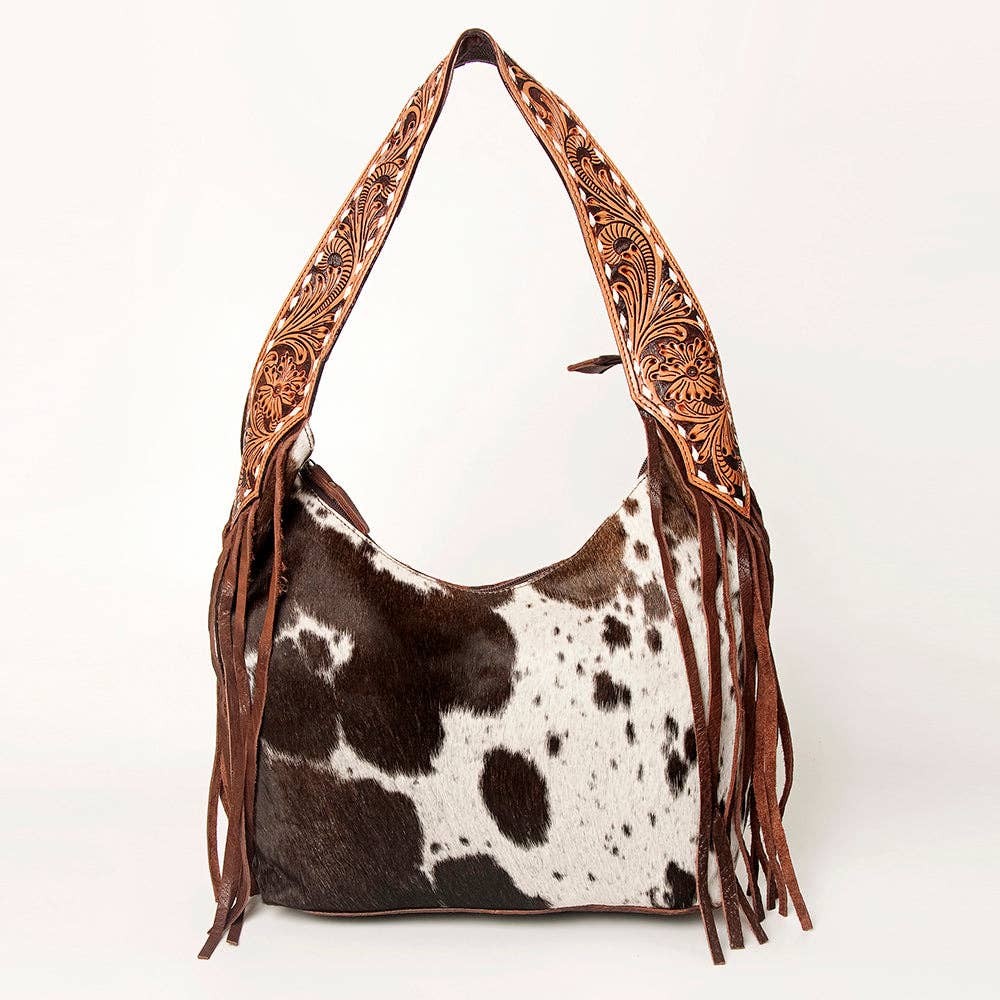 LS Western - ADBGA214 American Darling Cowhide & Tooled Leather Fringe Hobo Shoulder Handbag - ADBGA214C
