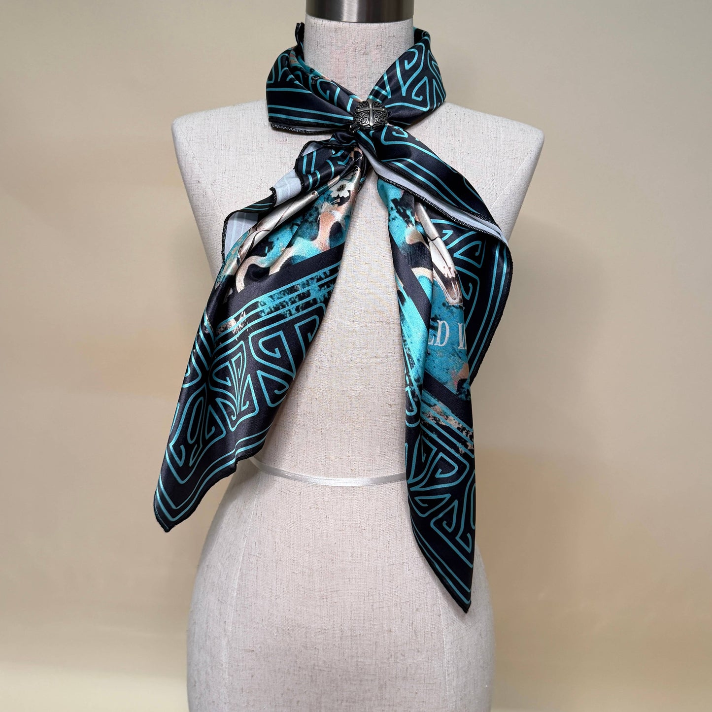 WESTERN LONGHORN PRINT SILK CARF 36X36 - Black/Turquoise