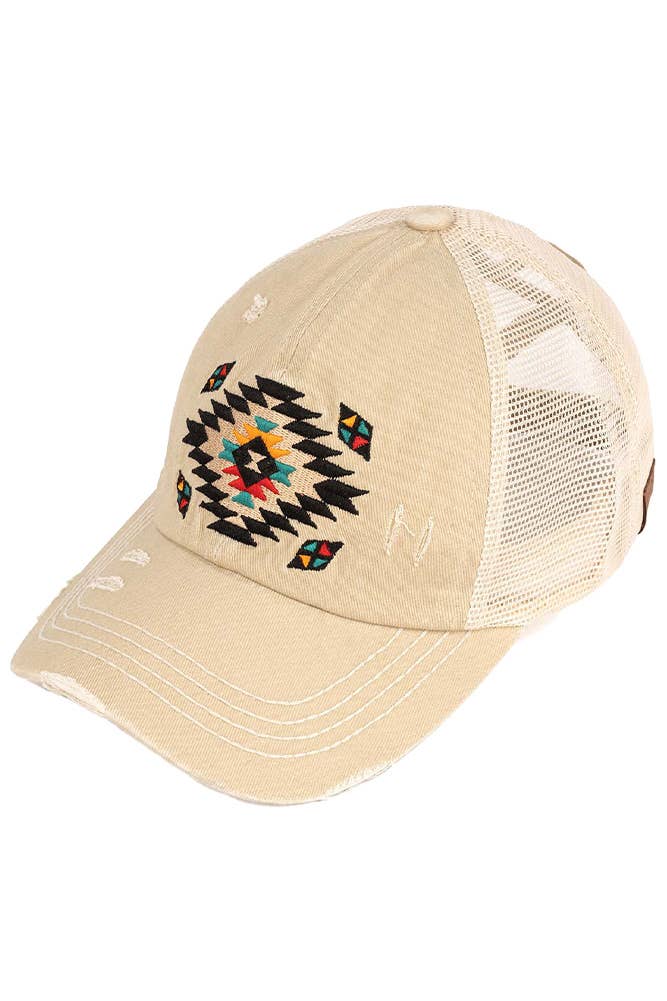 Hana - C.C Aztec Patch Distressed Criss-Cross Pony Cap - Dark Olive