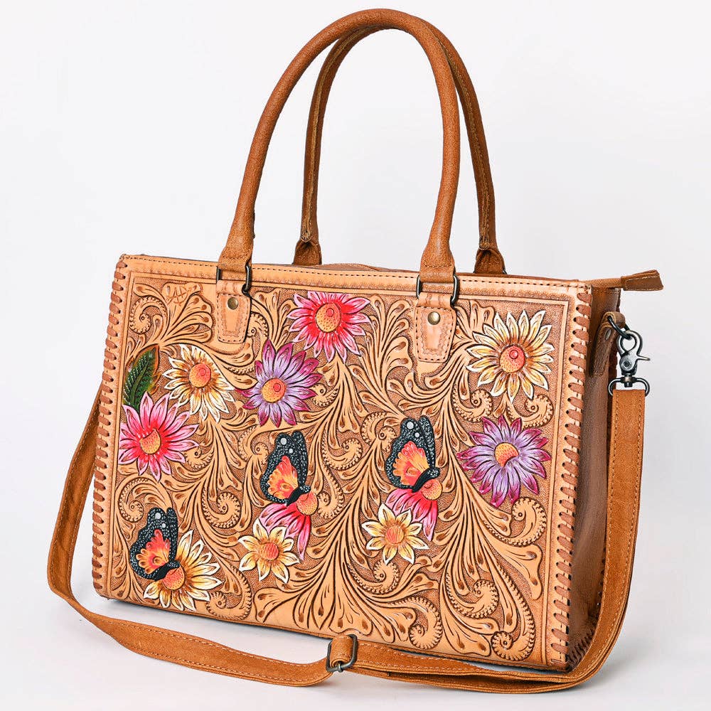 ADBG235 American Darling Western Leather Tote Bag - Hand Tooled Floral Carved Braided Purse - ADBG235J