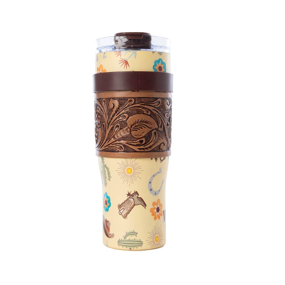 Myra Bag - Trailkissed Western Tumbler in Yellow Stainless Steel with Leather Wrap and Handle for Everyday Use - WITH TOOLING