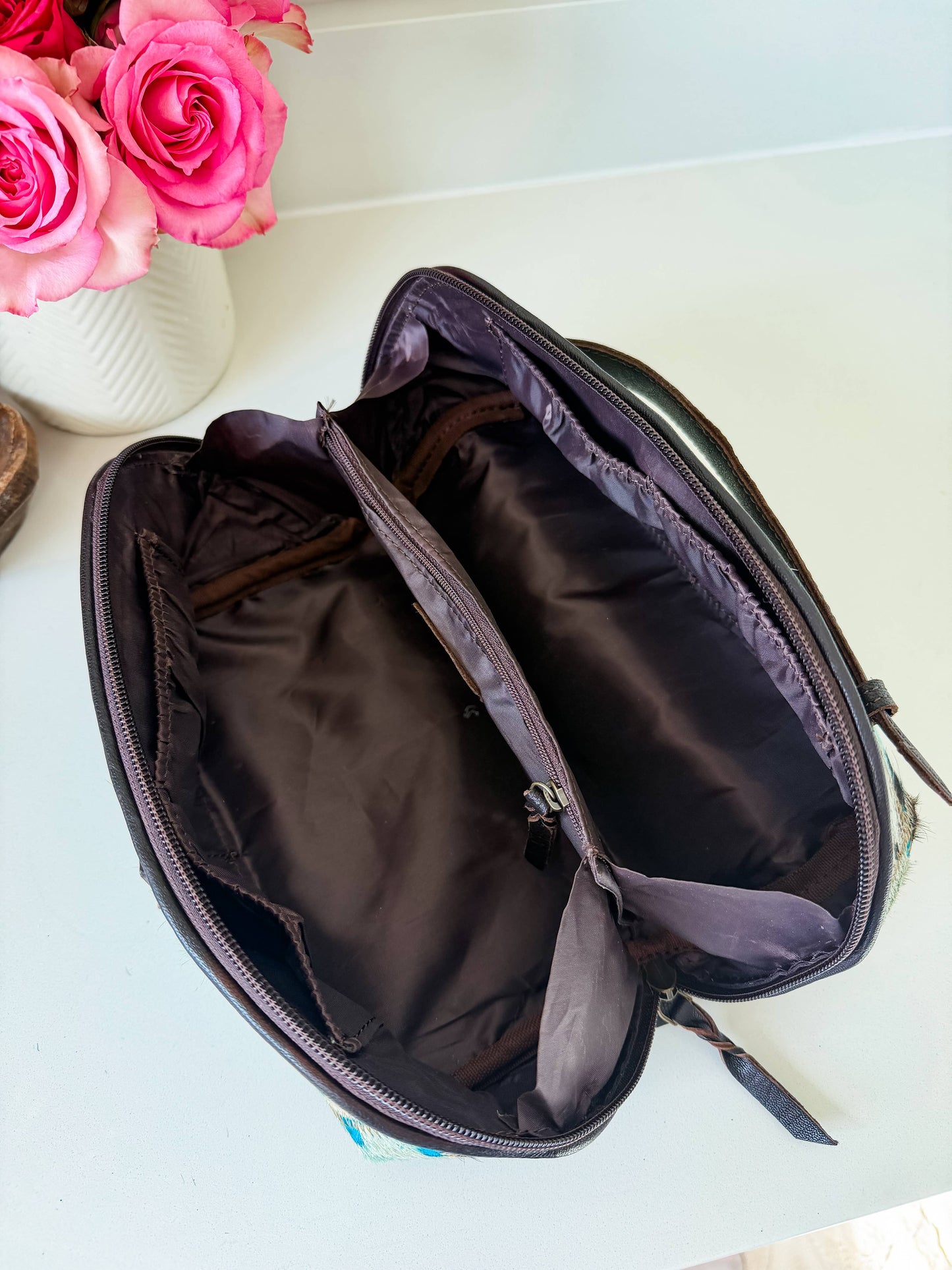 Boho Ranch Shop - Ella Cowhide Makeup Bag Leather Cosmetic Diagonal Opening - PINK + SILVER SPECS