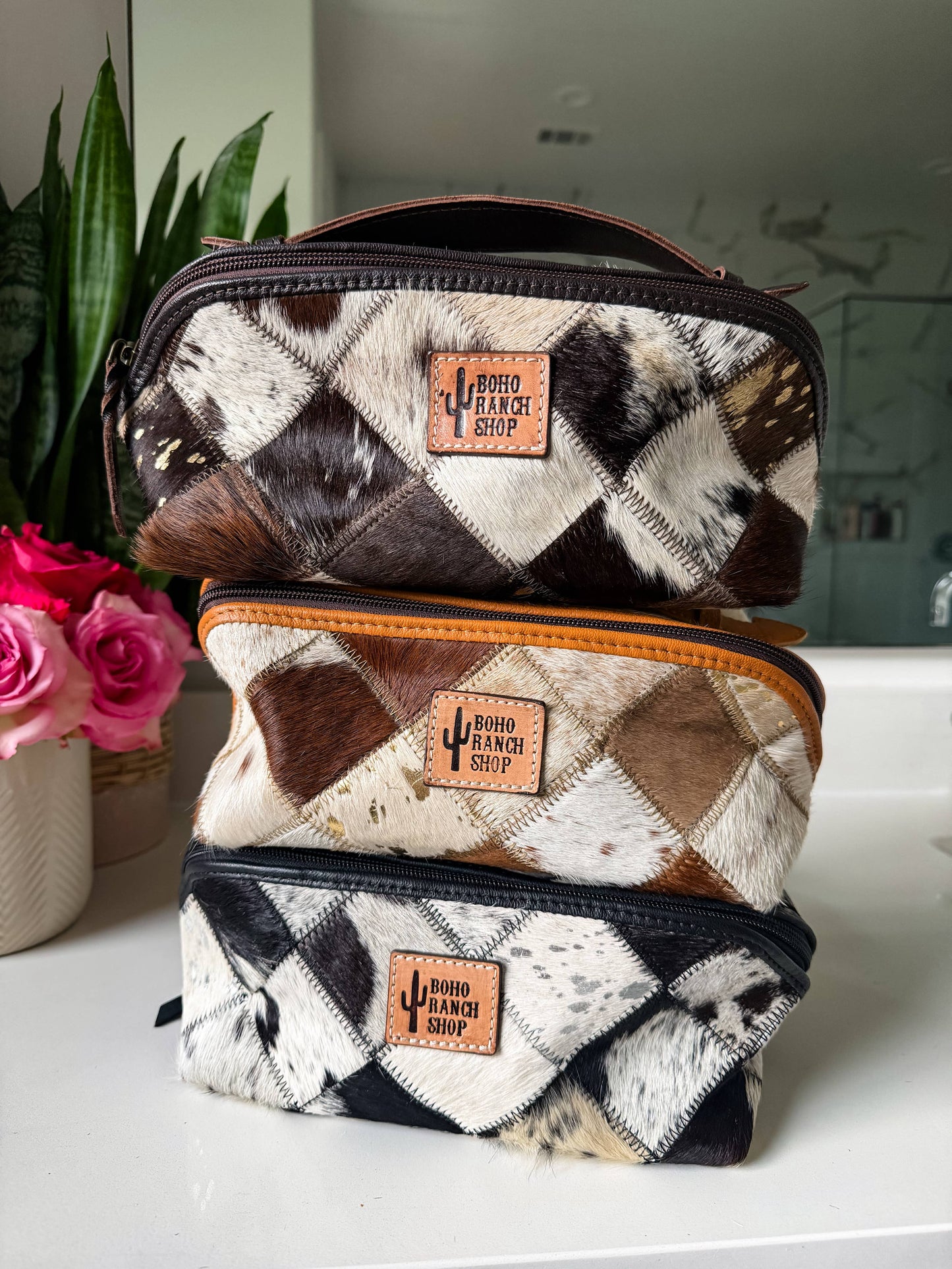 Boho Ranch Shop - Ella Cowhide Makeup Bag Leather Cosmetic Diagonal Opening - PINK + SILVER SPECS