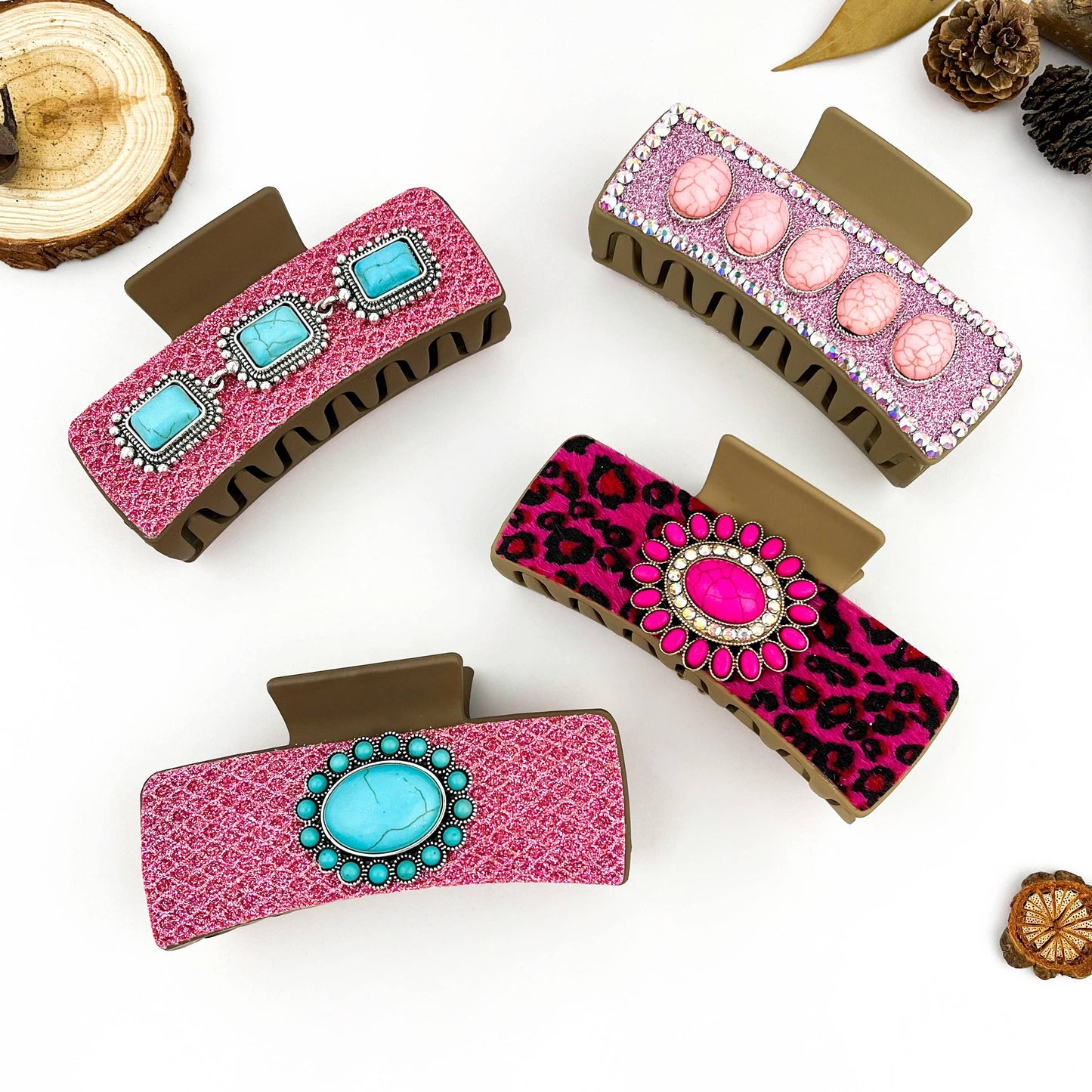 mildstyles - Boho Turquoise Pink Leather Rectangle Hair Claw Clip - B