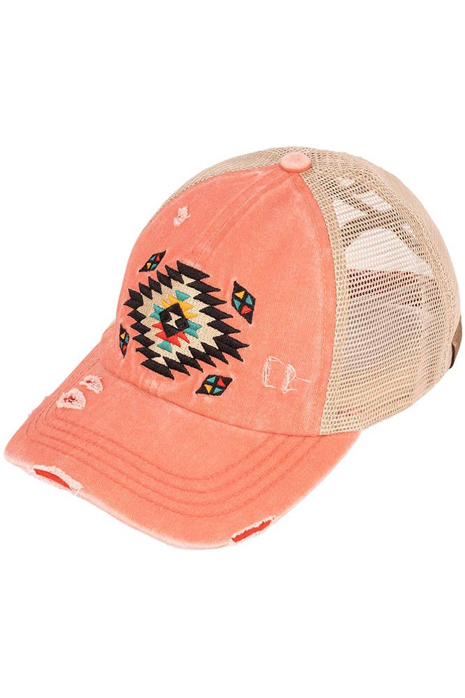 Hana - C.C Aztec Patch Distressed Criss-Cross Pony Cap - Dark Olive