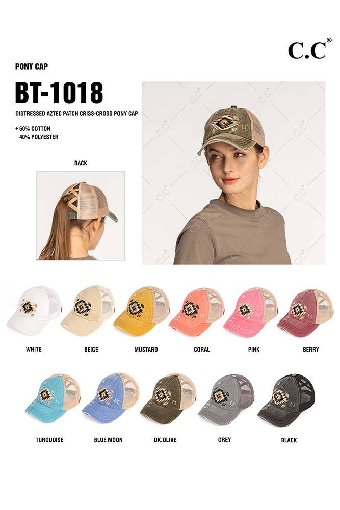 Hana - C.C Aztec Patch Distressed Criss-Cross Pony Cap - Black