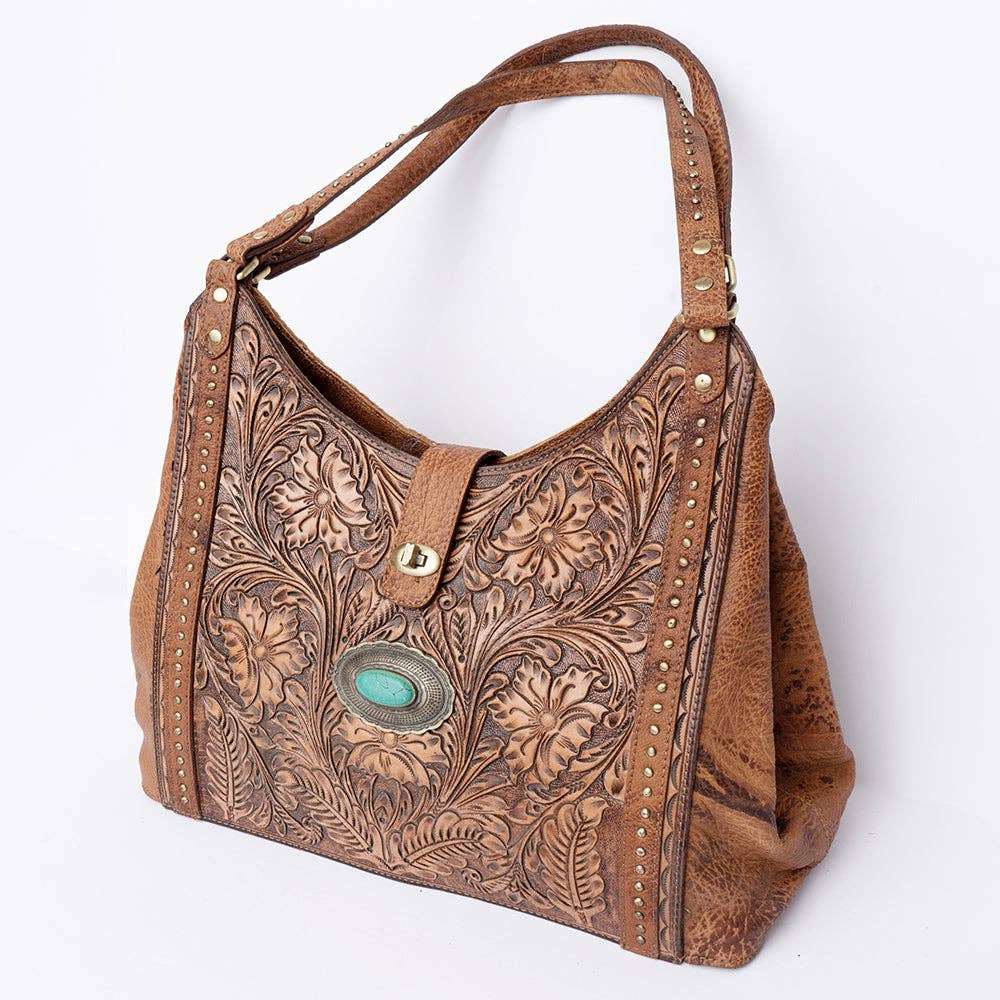 LS Western - ADBGI218 Tooled Leather Hobo Bag with Turquoise Concho & Studded Trim - ADBGI218C