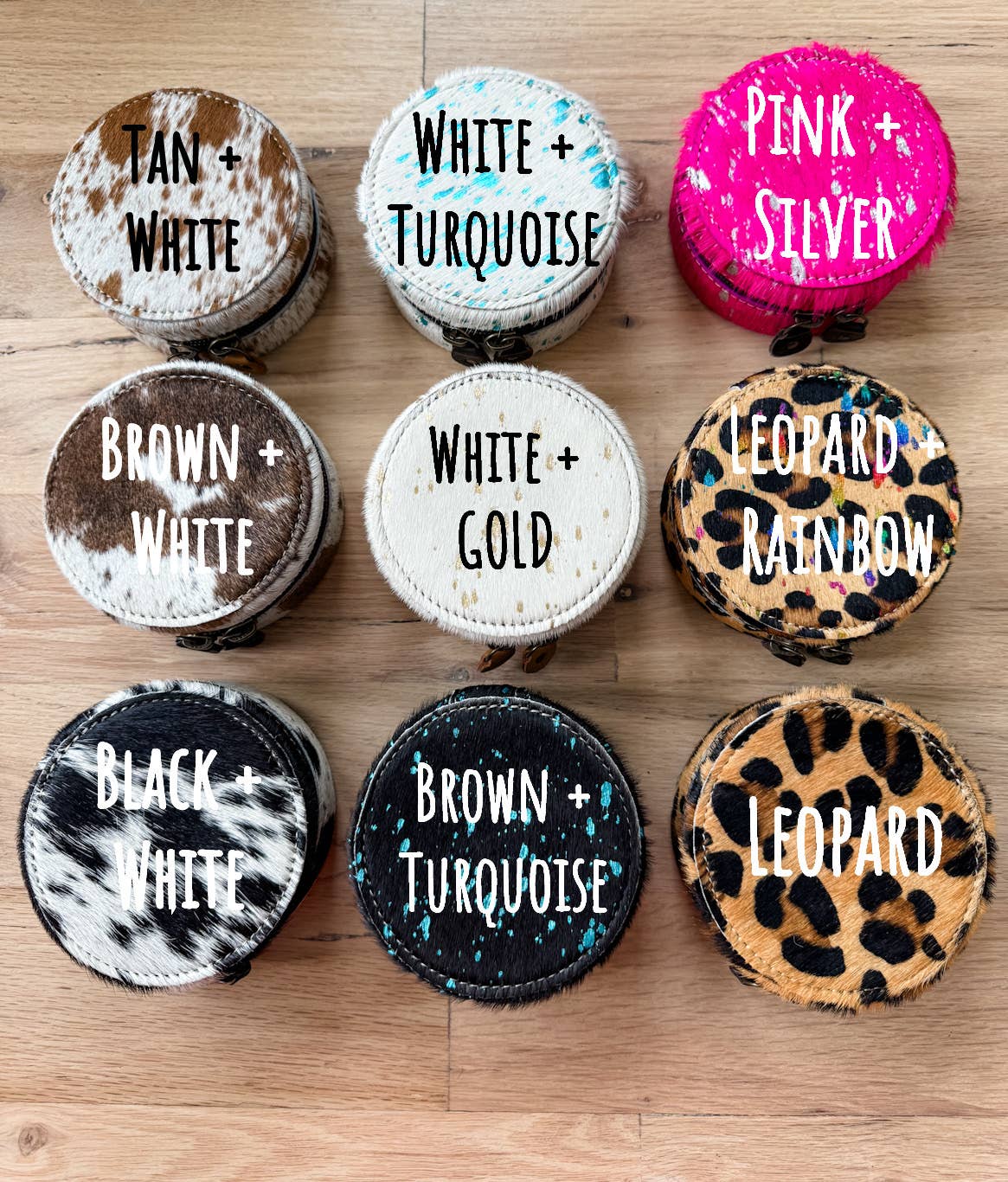 Boho Ranch Shop - MINI COWHIDE ROUND JEWELRY BOX Western travel storage gifts - TAN + WHITE COWHIDE