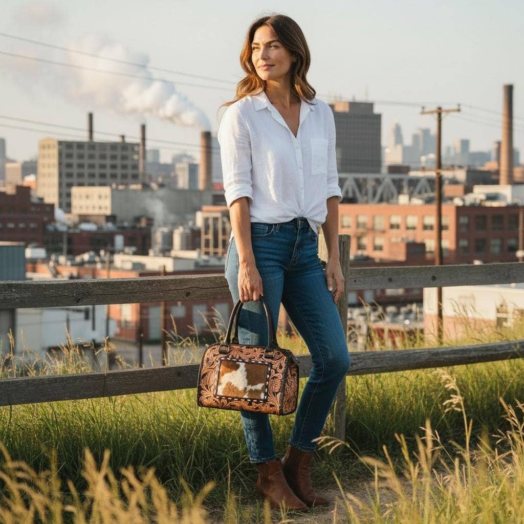 Genuine Western Leather Speedy Barrel Bag with Cowhide and Tooled leather