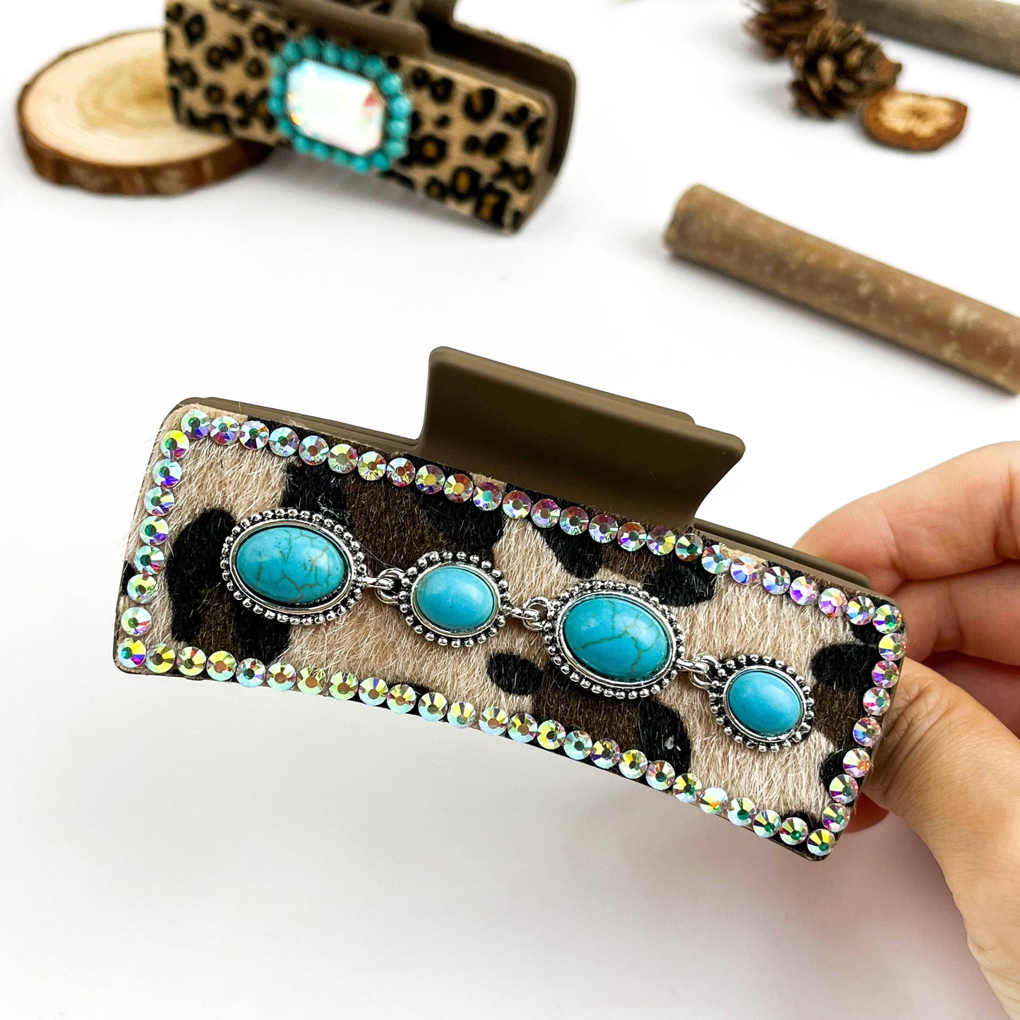 mildstyles - Boho Turquoise Leopard Print Leather Hair Claw Clip - A