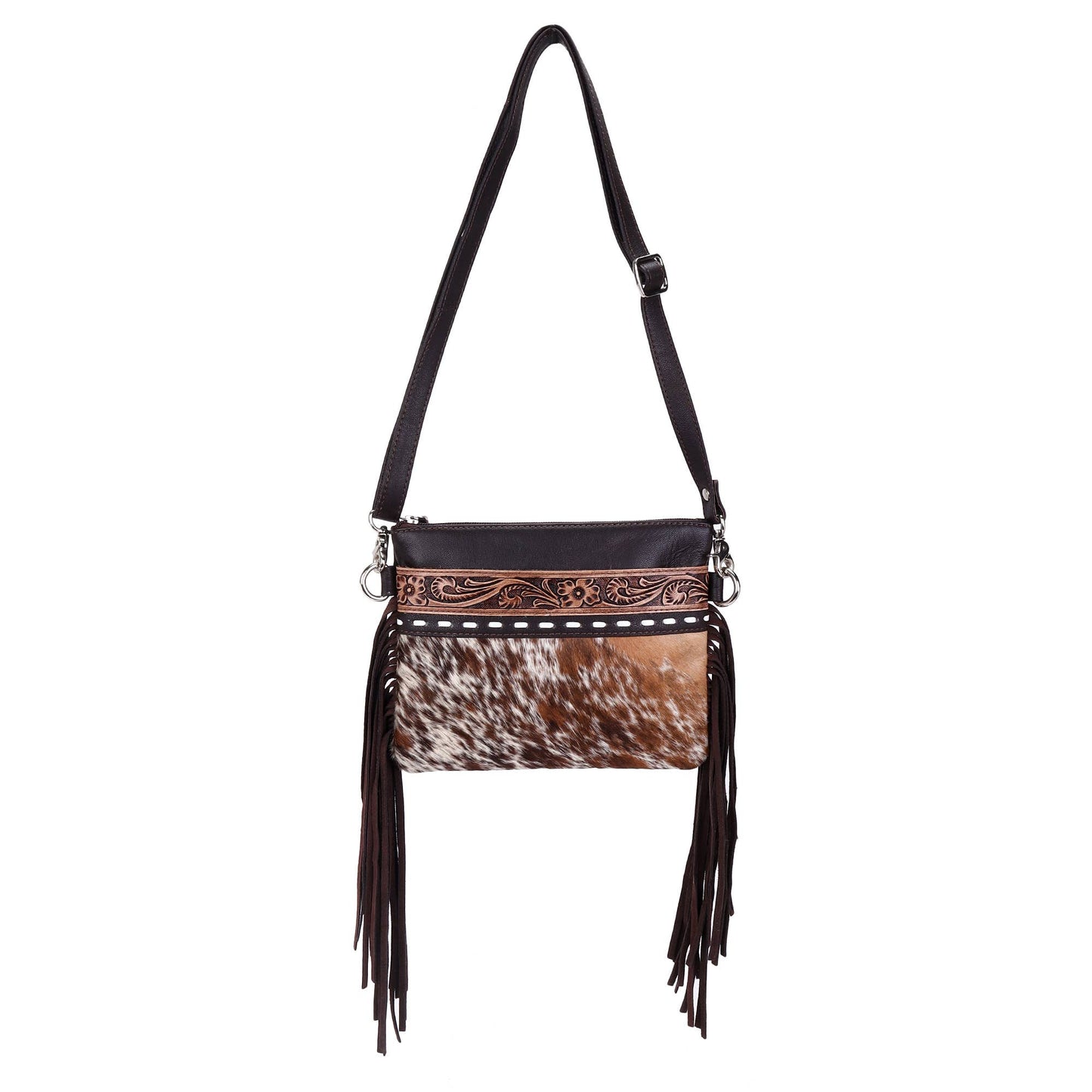 Leather Cowhide Western Hand Tooled Women's Small Crossbody - Freebird Rustic Brown with Cowhide