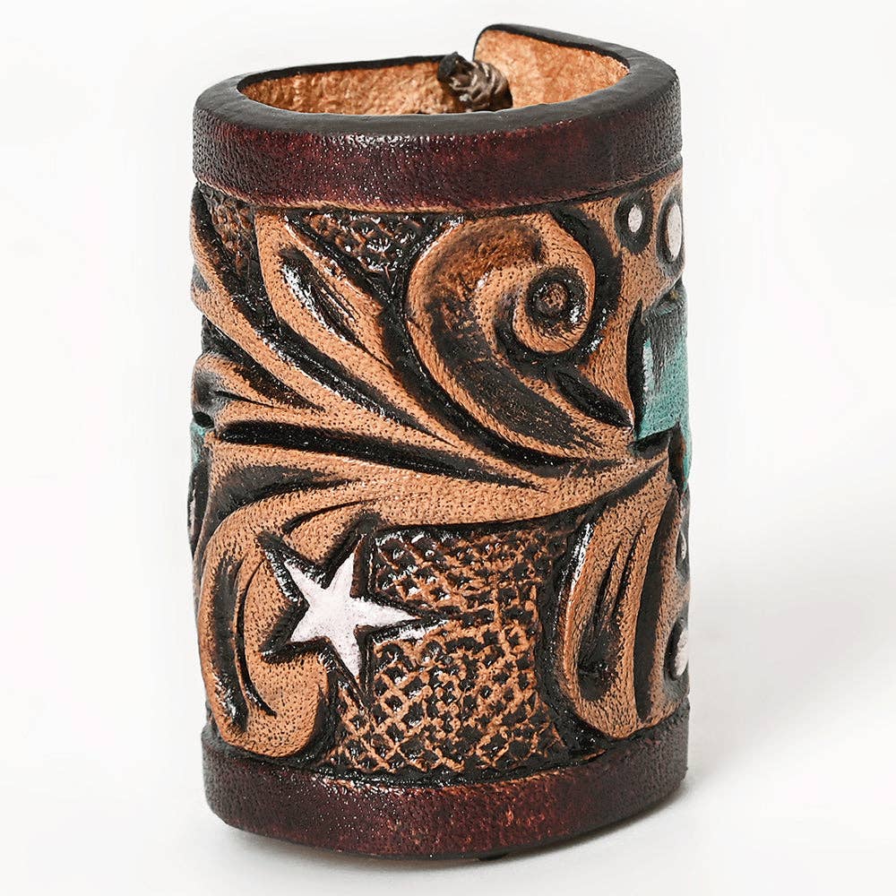 LS Western - Hand Tooled Leather Scarf Ring Vegetable-Tanned Scarf Slide - ADSRG104H