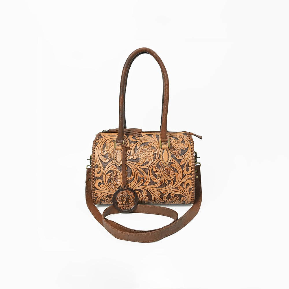 American Darling Hand-Tooled Leather Speedy Bag Classic Western Floral Design - ADBGA1044