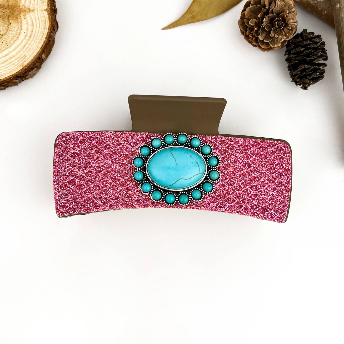 mildstyles - Boho Turquoise Pink Leather Rectangle Hair Claw Clip - D