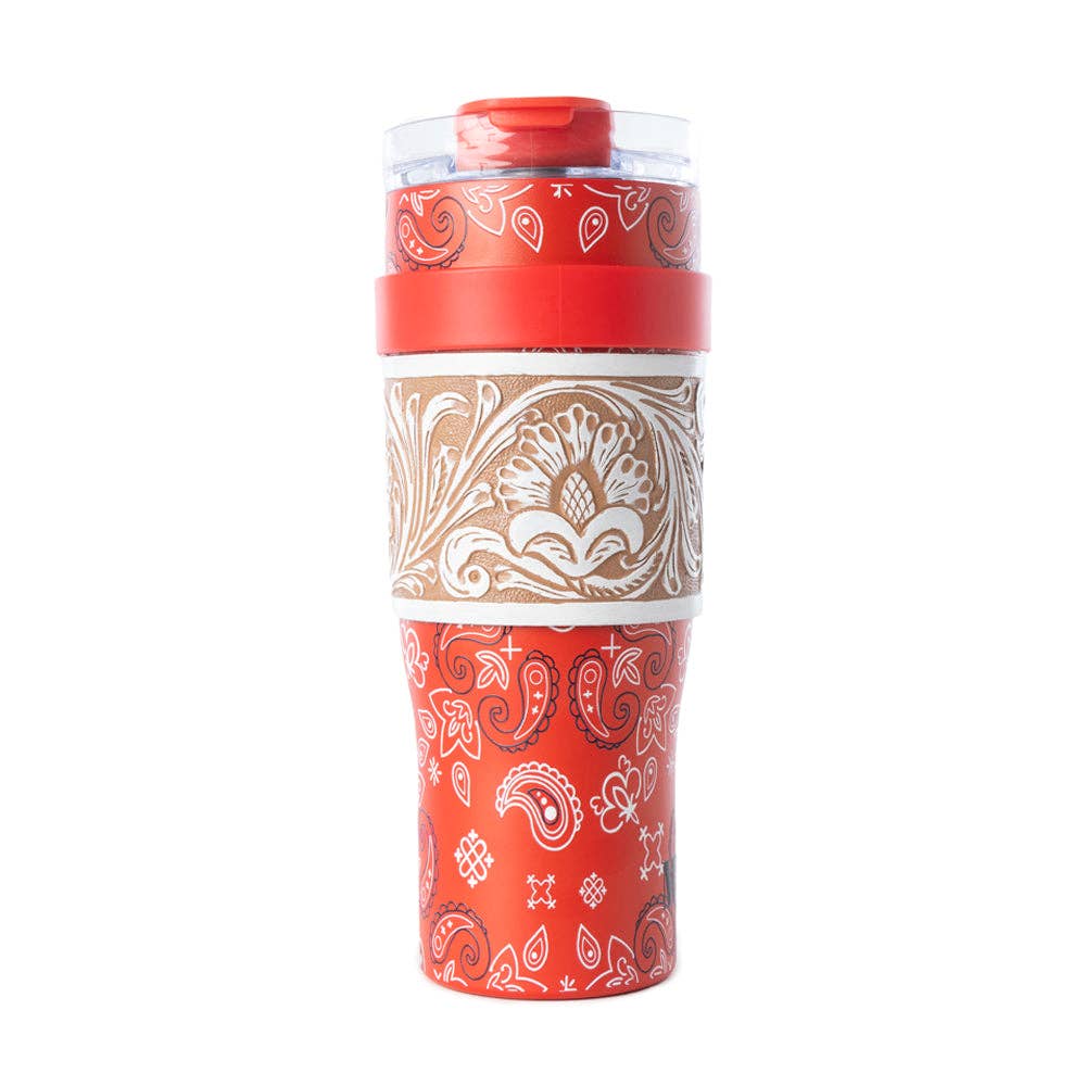 Myra Bag - Bandana Tooled Western Tumbler in Red Stainless Steel with Handtooled Leather and Handle for Use - WITH TOOLING