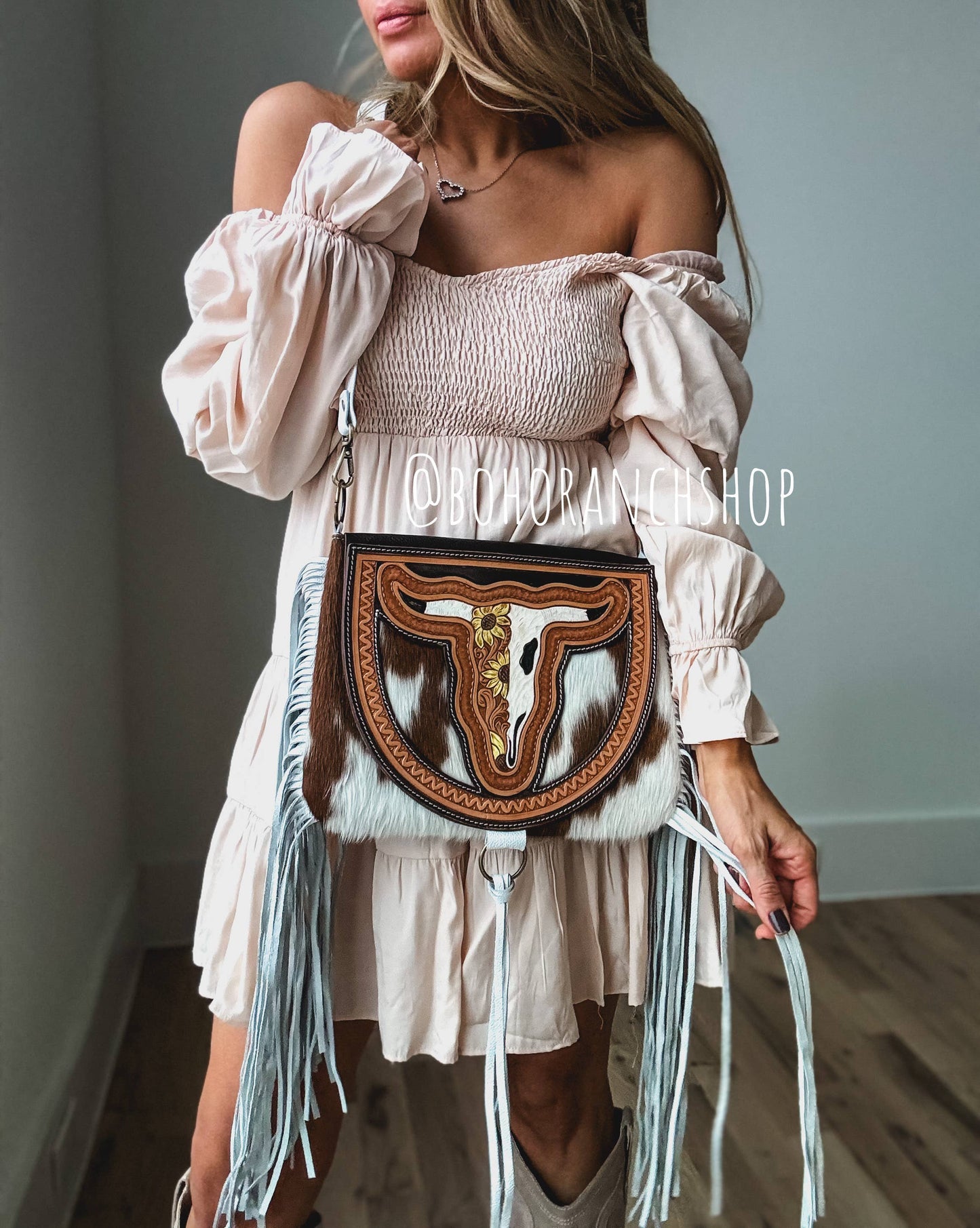 Boho Ranch Shop - THE CAROLINE CROSSBODY steer longhorn - cowhide purse bag - YELLOW FLOWER