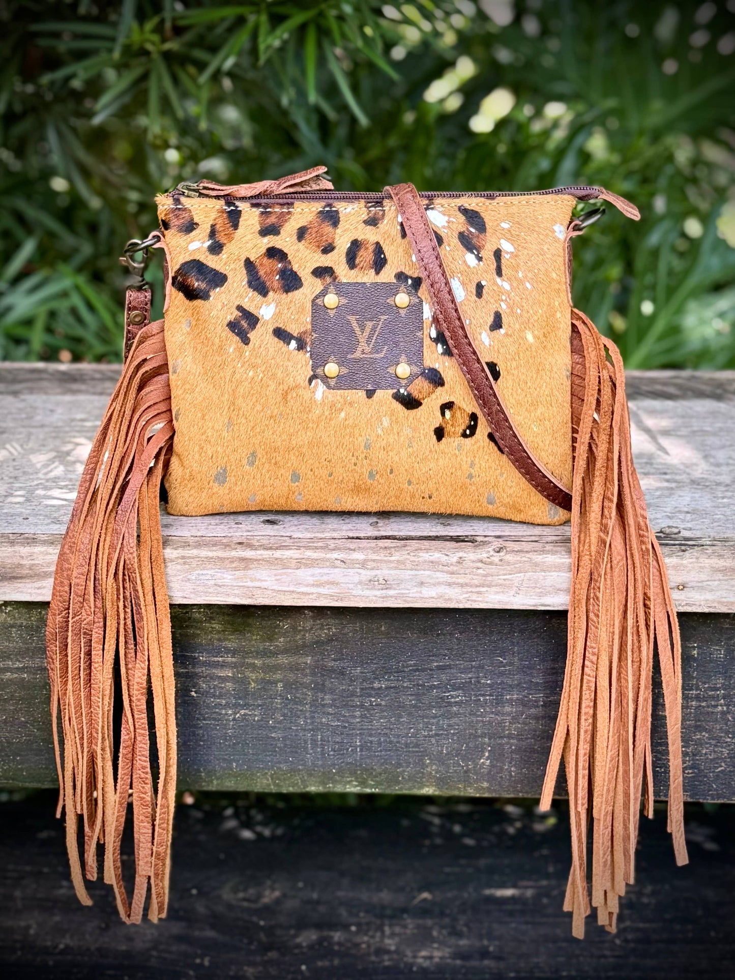 Southern Junkie Gypsy Boutique - Upcycled LV Leopard Print Cowhide Leather Fringe Crossbody 