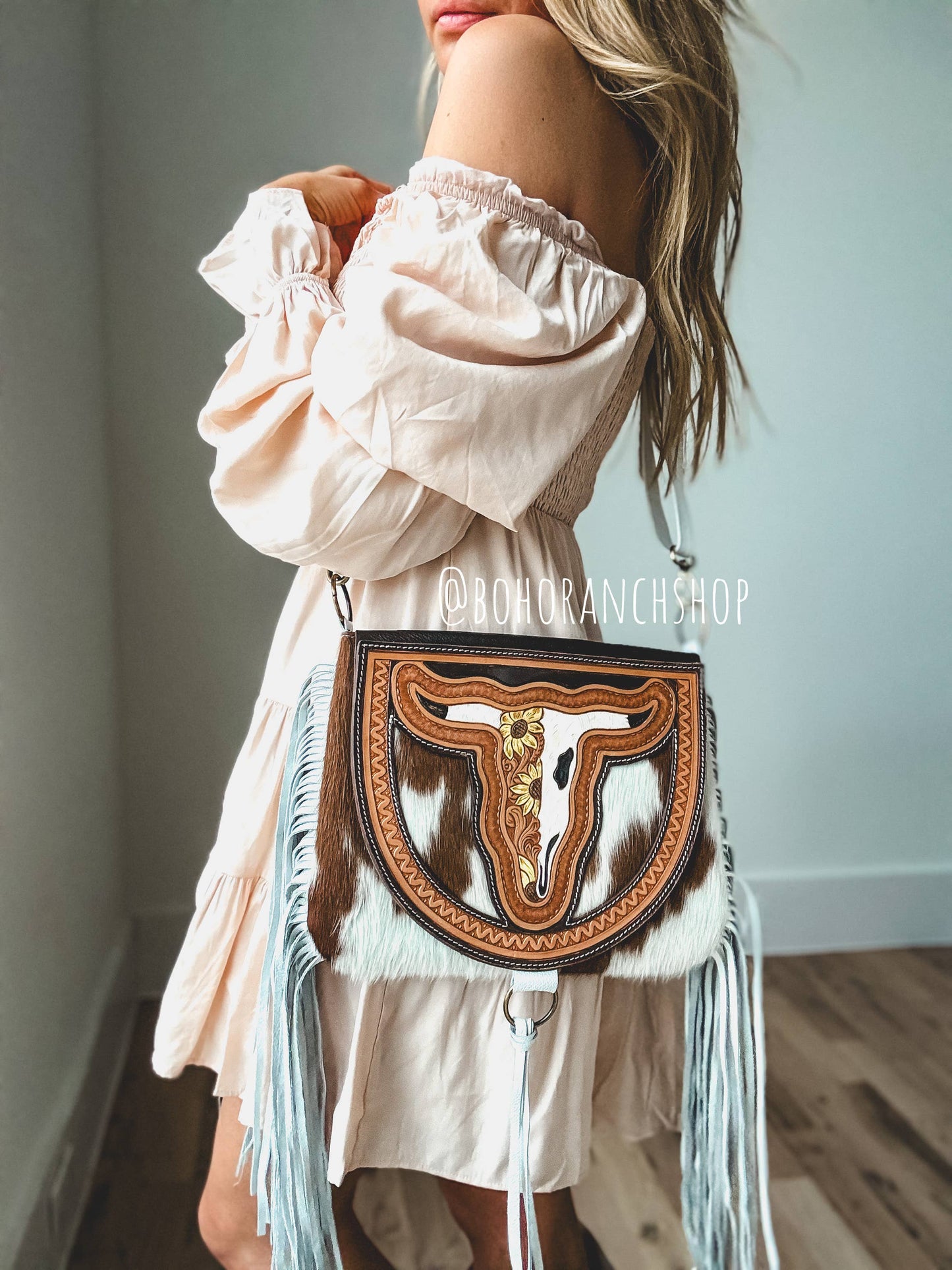 Boho Ranch Shop - THE CAROLINE CROSSBODY steer longhorn - cowhide purse bag - RED FLOWER