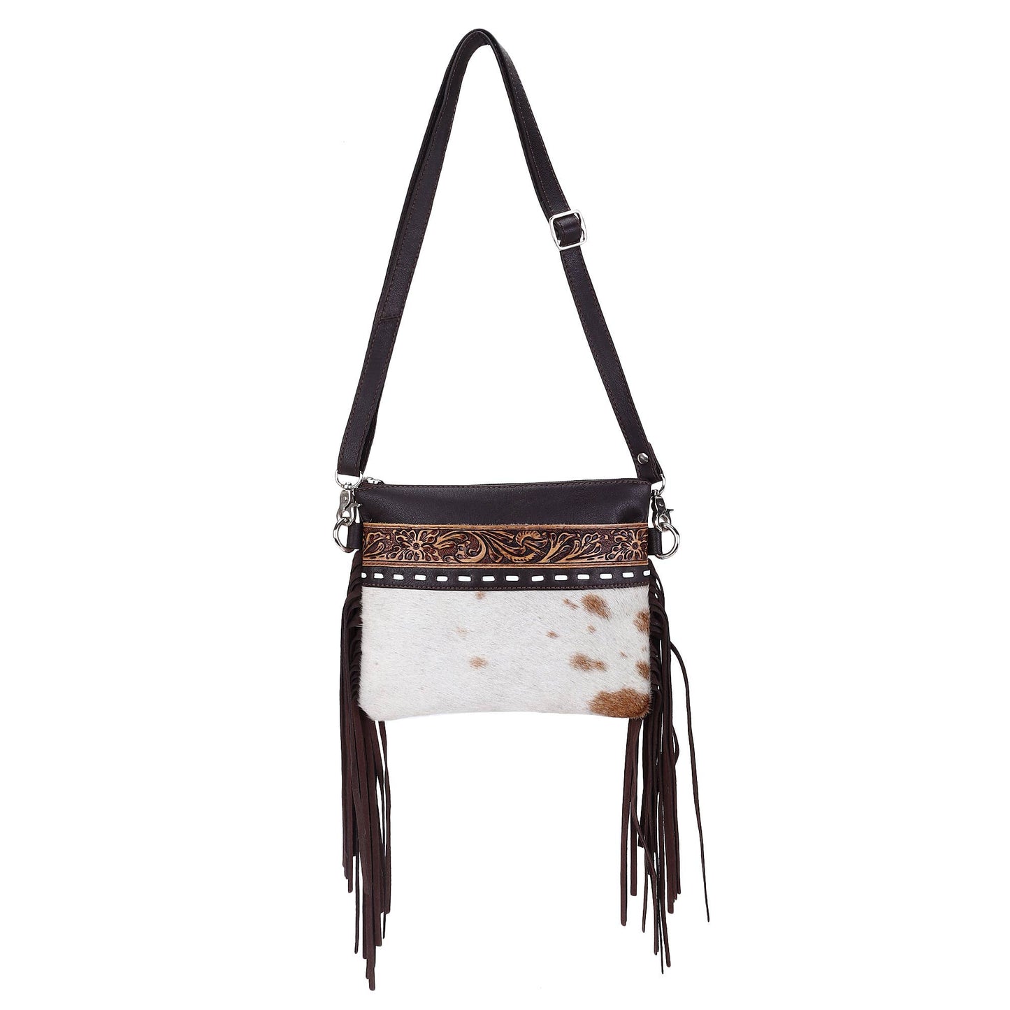 Leather Cowhide Western Hand Tooled Women's Small Crossbody - Freebird Rustic Brown with Cowhide