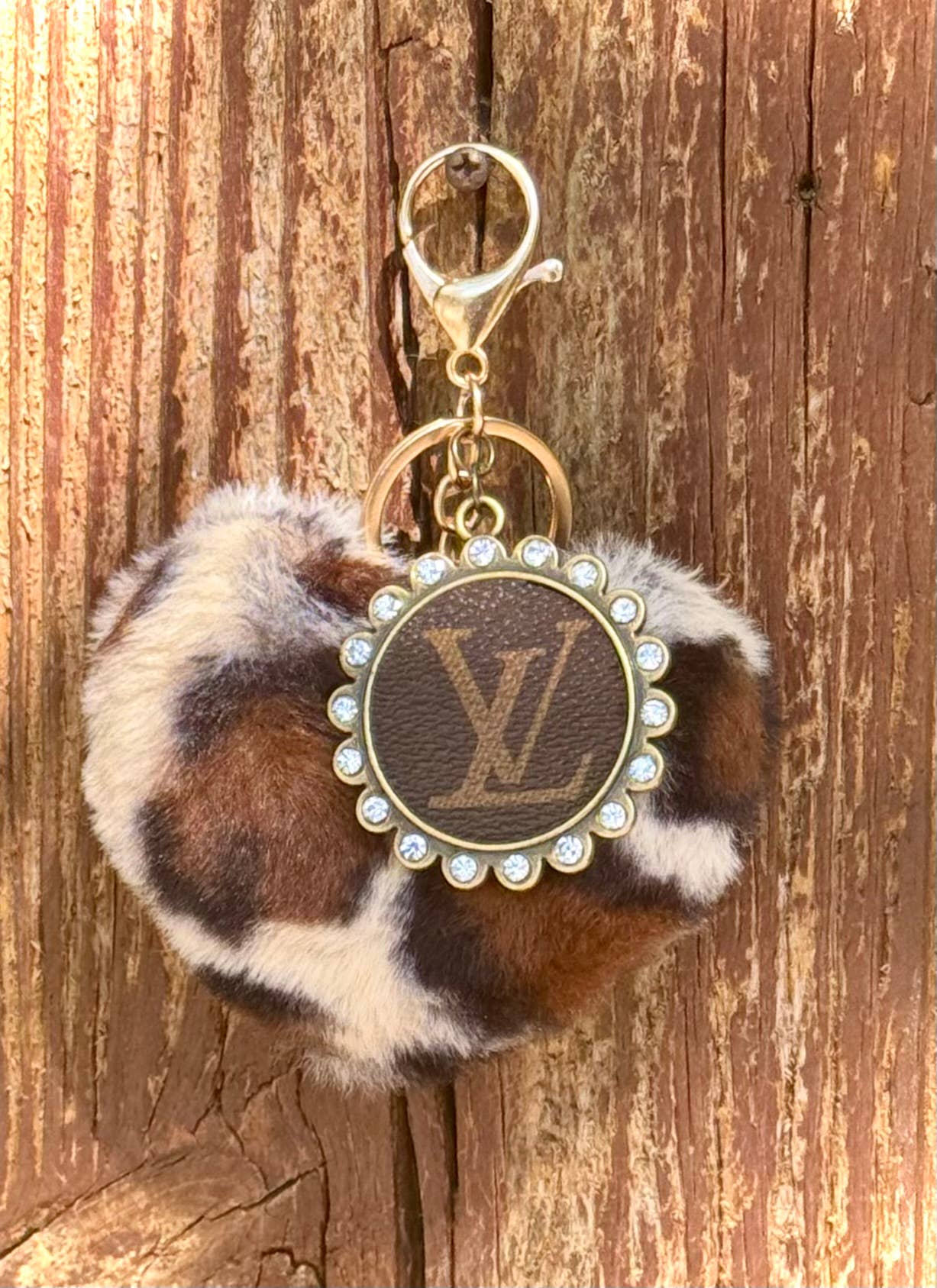 Southern Junkie Gypsy Boutique - Upcycled LV Leopard Heart Keychain Bag Charm Fuzzy