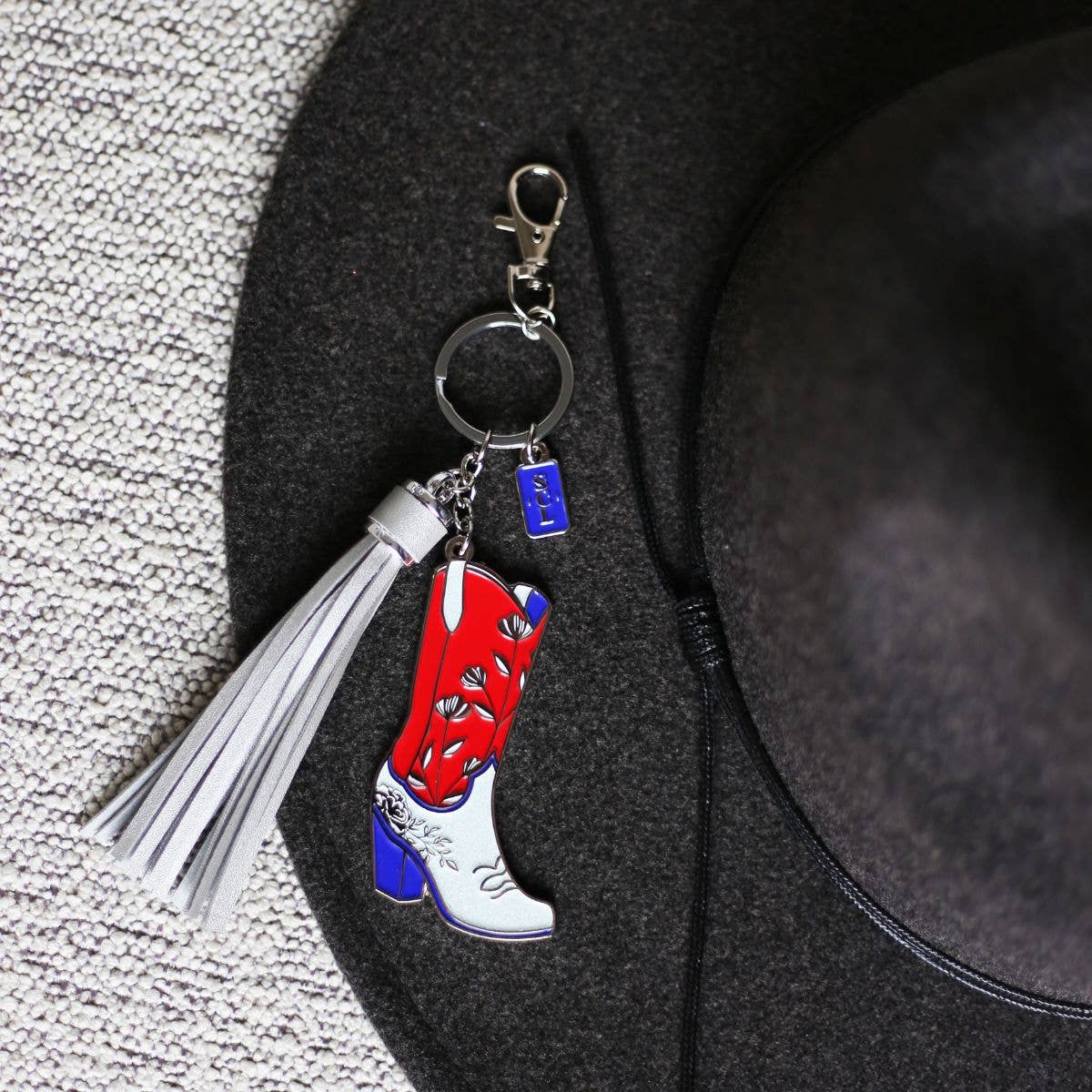 Sophisticated Country Lady - Patriotic Cowgirl Boot Keychain Bag Charm - Silver Tassel - Hanging Card