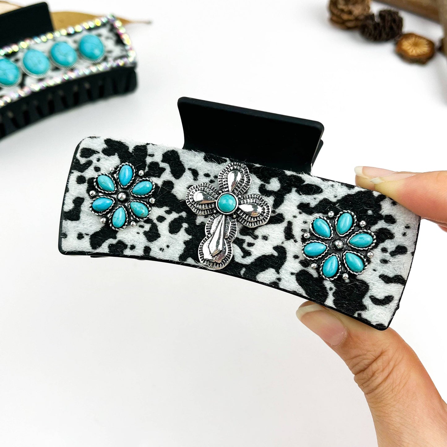 mildstyles - Western Cowboy Turquoise Cow Print Rhinestone Hair Claw Clip - E