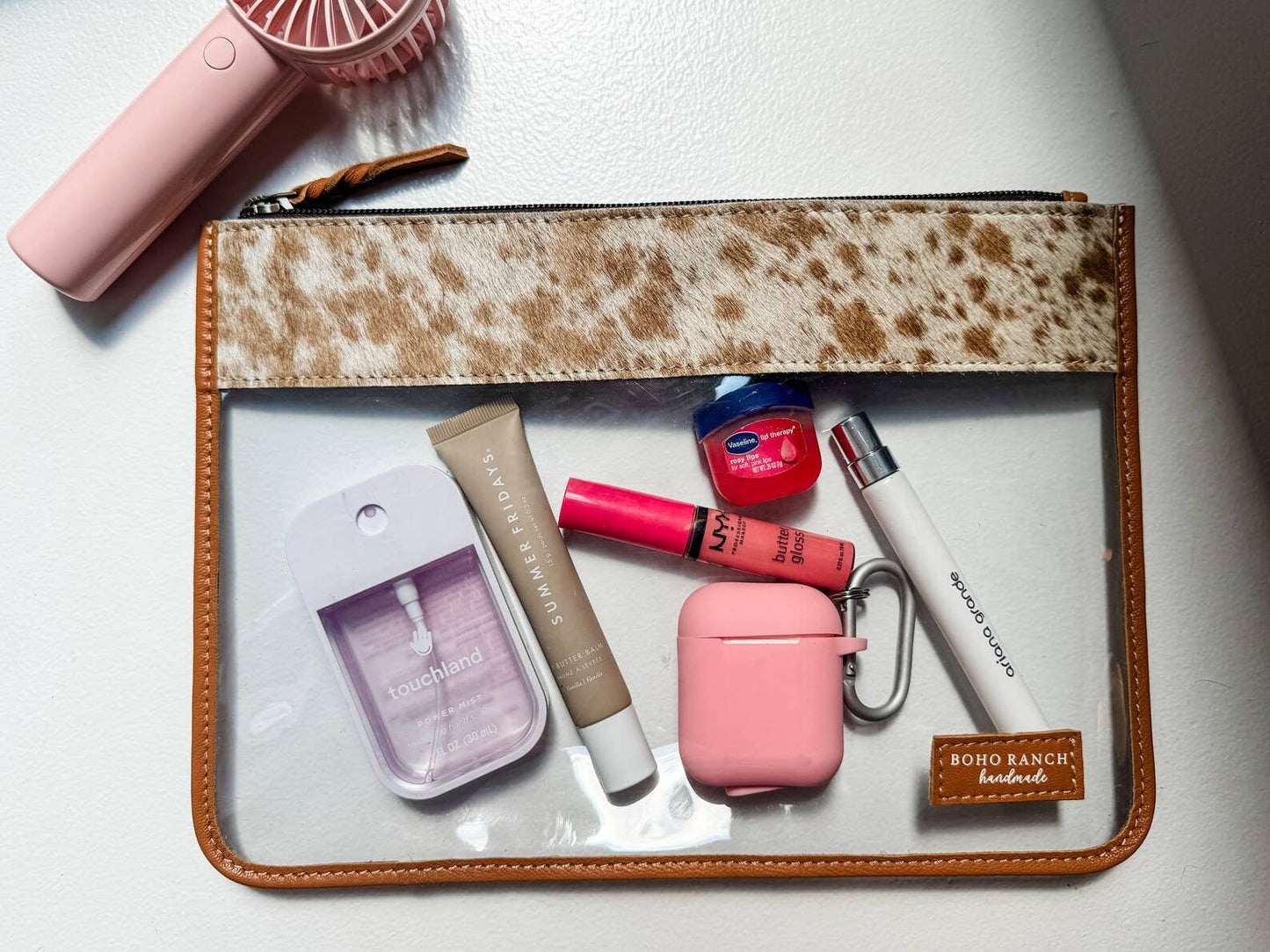 Boho Ranch Shop - Cowhide Clear Toiletry Makeup Bag, organizer Travel Pouch - BROWN + TURQUOISE