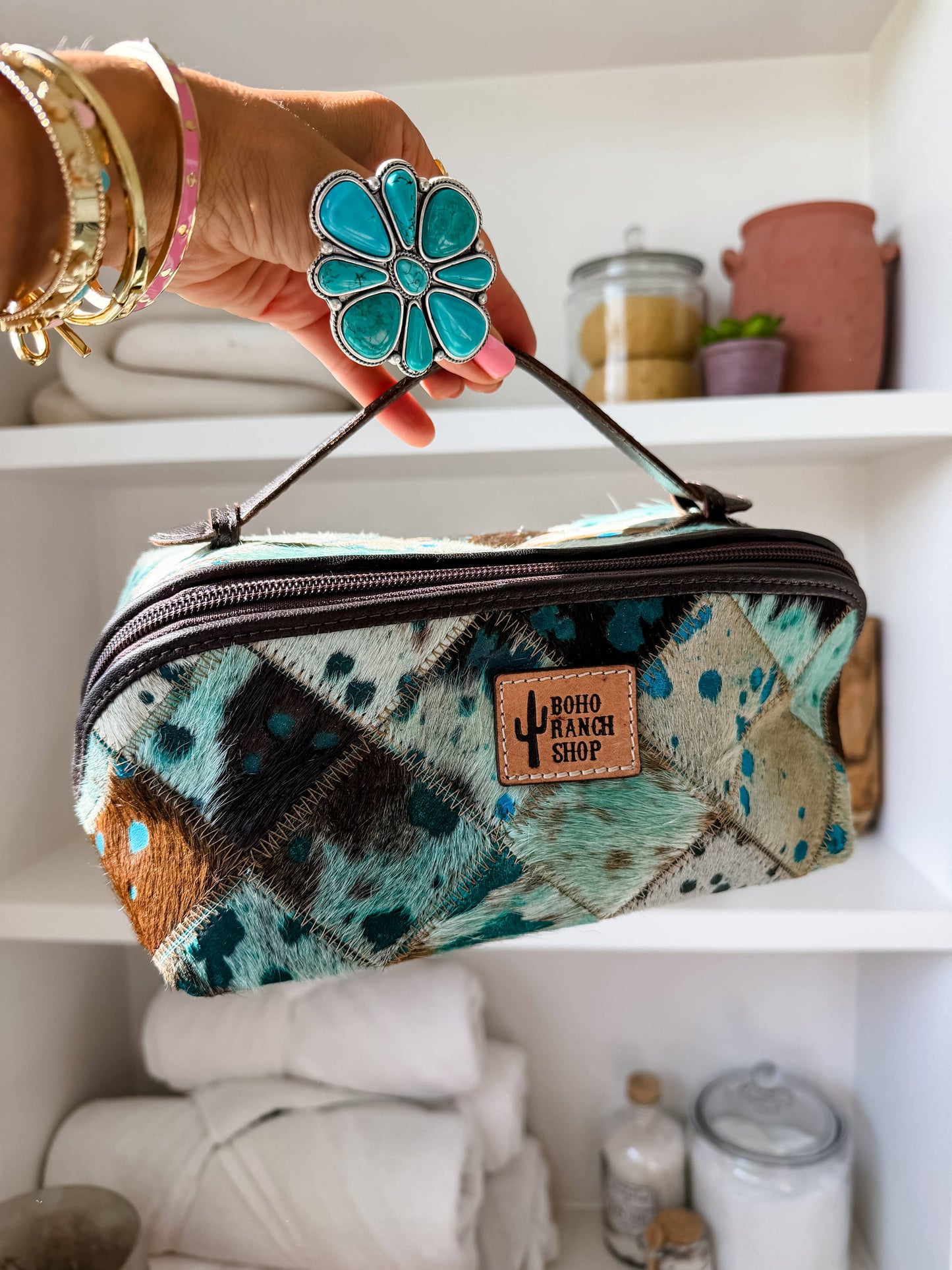 Boho Ranch Shop - Ella Cowhide Makeup Bag Leather Cosmetic Diagonal Opening - PINK + SILVER SPECS