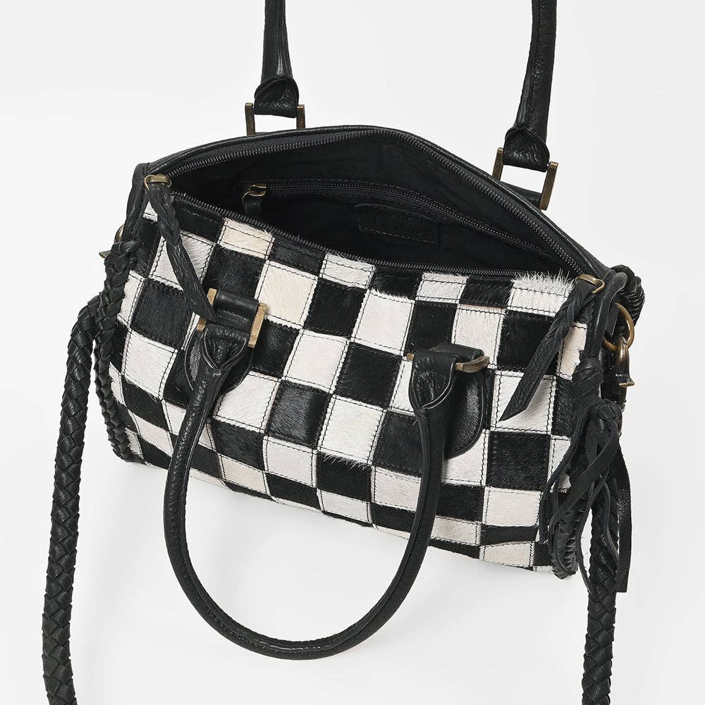 LS Western - Hair-On Hide Satchel Bag for Women Checkered Leather Handbag - ADBGM860B