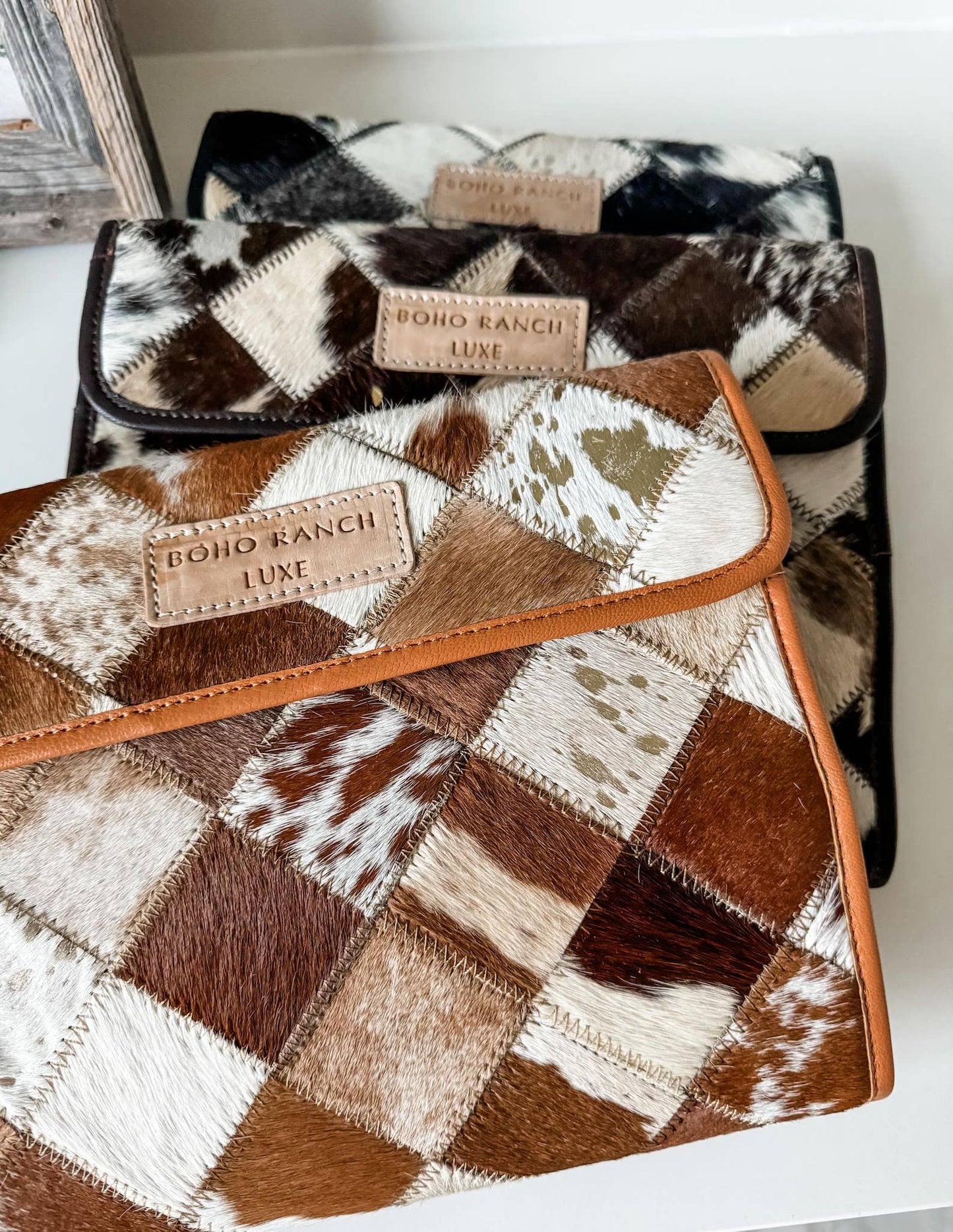 Boho Ranch Shop - BOHO LUXE FOLDABLE travel makeup jewelry bag Genuine Cowhide - BROWN + WHITE