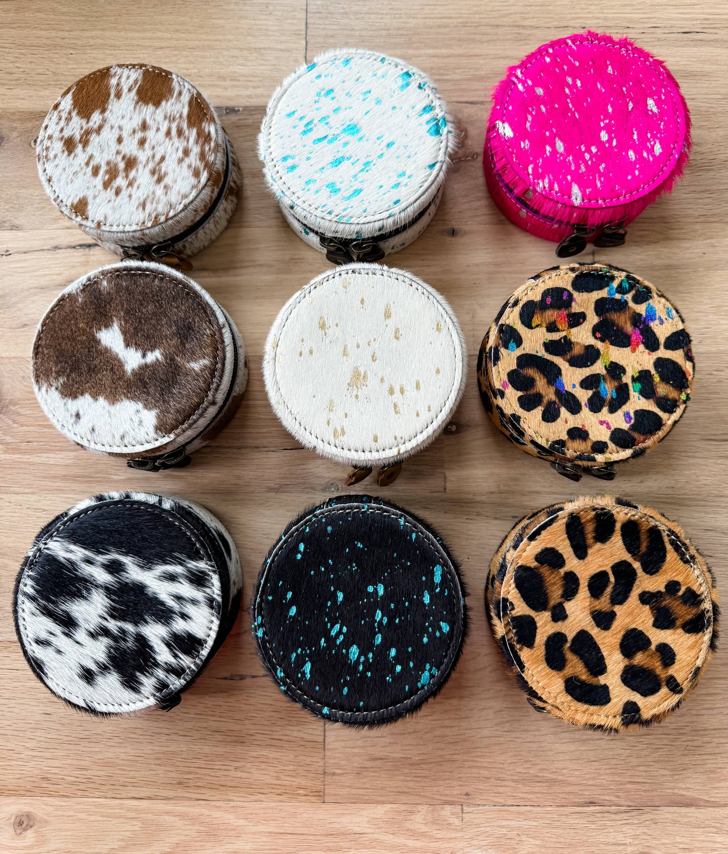 Boho Ranch Shop - MINI COWHIDE ROUND JEWELRY BOX Western travel storage gifts - BROWN + TURQUOISE SPECS