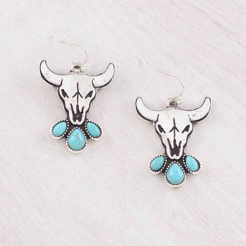 YK Trading Inc - TIPI Brand Western Turquoise Steer Skull Earrings - Turquoise/Silver
