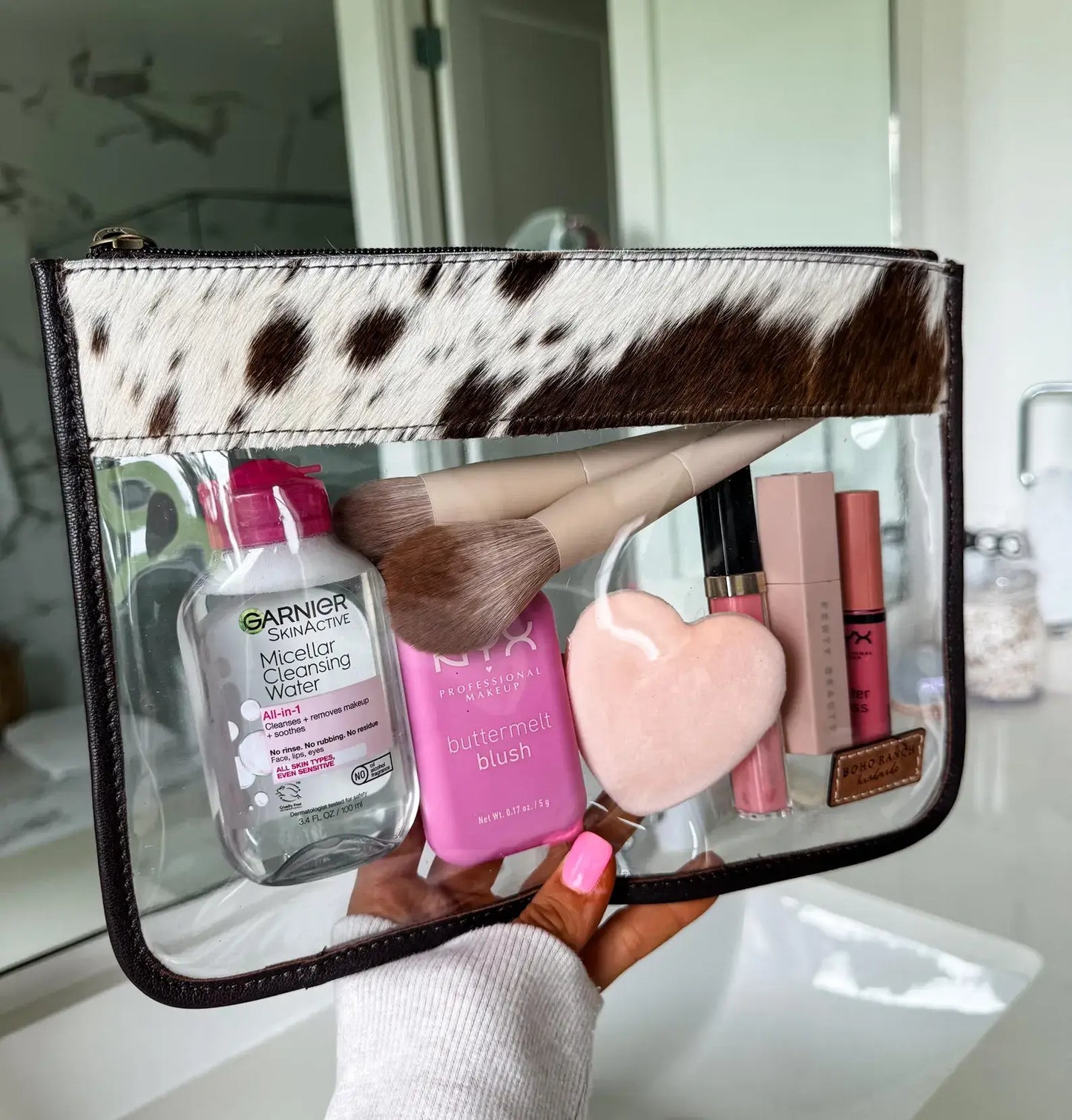 Boho Ranch Shop - Cowhide Clear Toiletry Makeup Bag, organizer Travel Pouch - TAN + WHITE COWHIDE