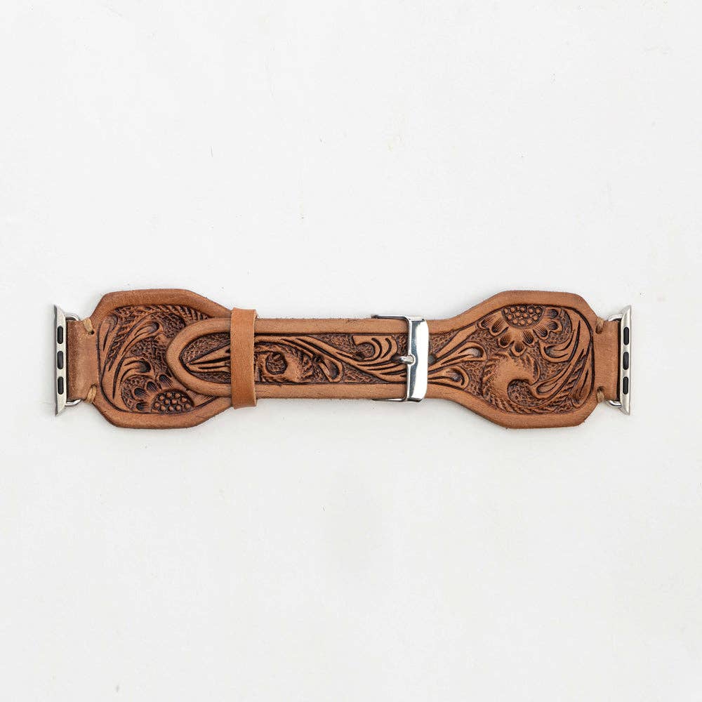 Myra Bag - Lone Star Handtooled Leather Watch Band in Antique Saddle Brown