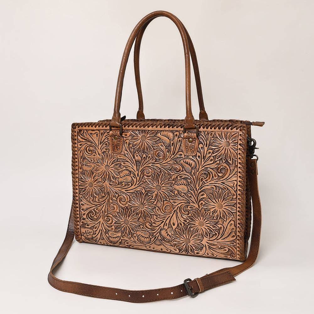 ADBG235 American Darling Western Leather Tote Bag - Hand Tooled Floral Carved Braided Purse - ADBG235J