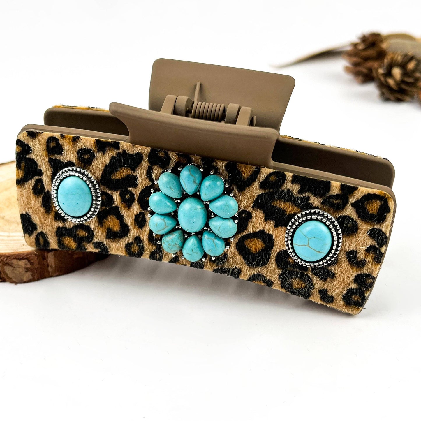 mildstyles - Boho Turquoise Leopard Print Leather Hair Claw Clip - F