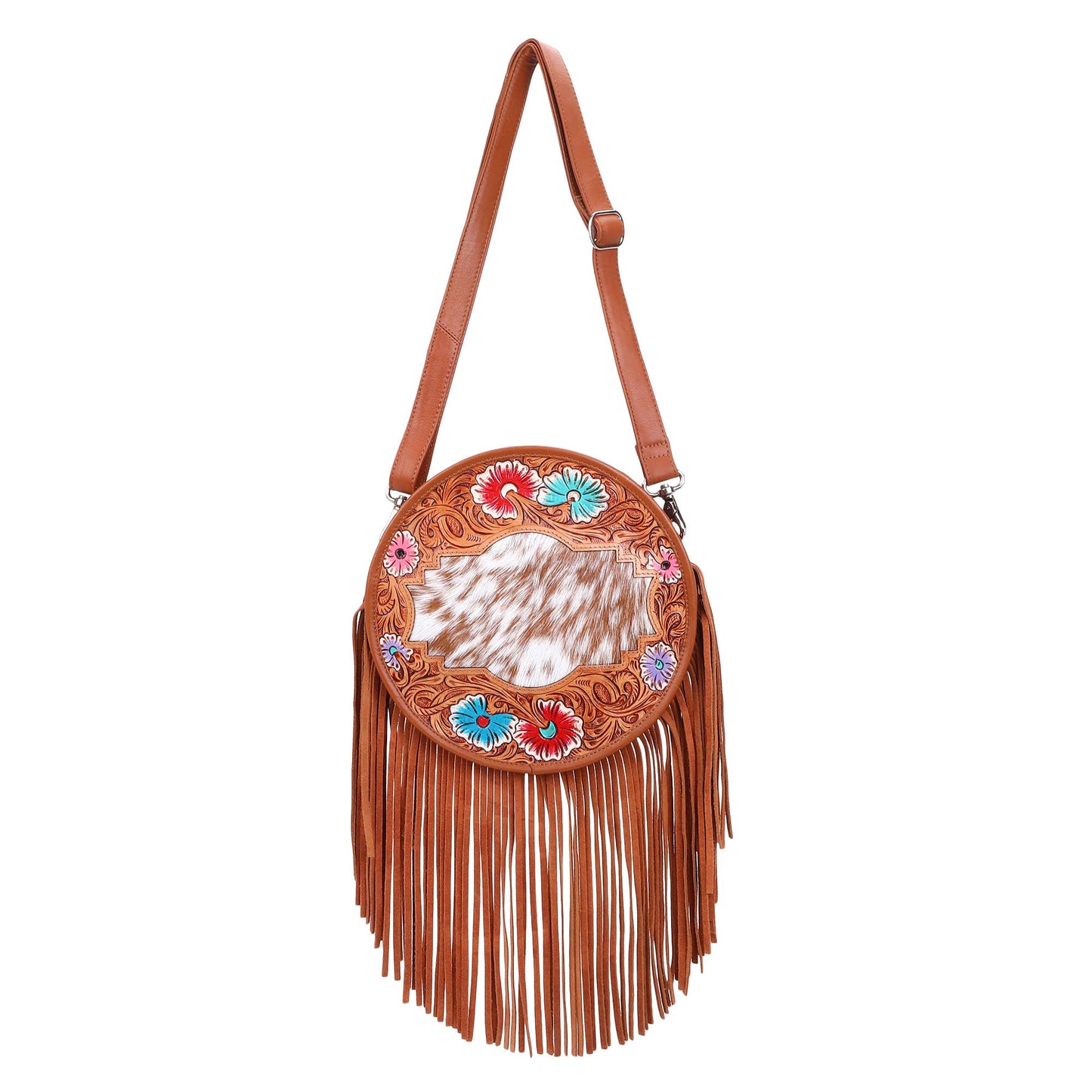 Leather Cowhide Western Hand Tooled Women's Round Crossbody - Free Bird Hand Tooled with Tan White Cowhide Inlay.