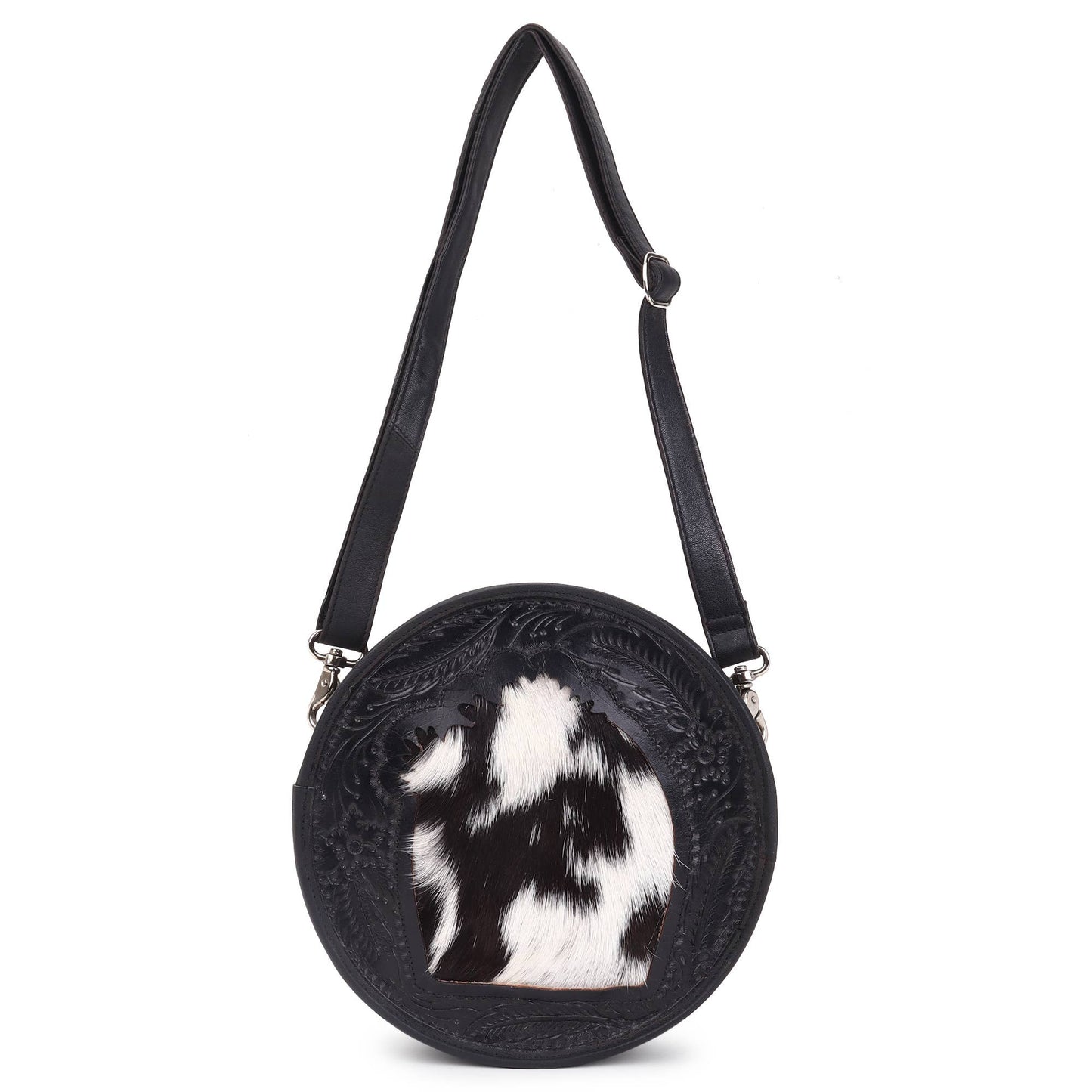 Leather Cowhide Western Hand Tooled Women's Round Crossbody - Free Bird Hand Tooled with Tan White Cowhide Inlay.