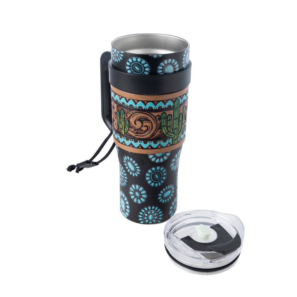 Myra Bag - Concho Crest Western Tooled Tumbler in Black Stainless Steel with Leather Wrap and Handle - WITH TOOLING