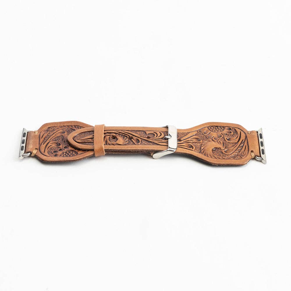 Myra Bag - Lone Star Handtooled Leather Watch Band in Antique Saddle Brown