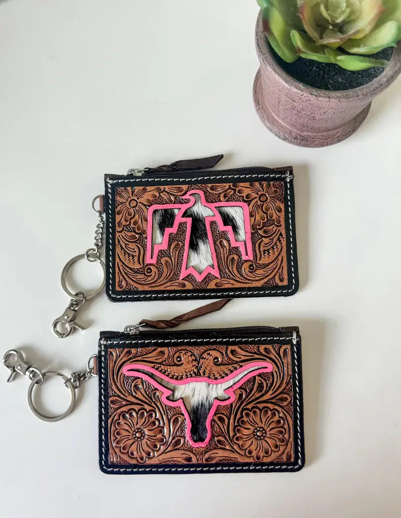 Boho Ranch Shop - Tooled Leather Keychain Wallet Thunderbird Longhorn Bow Hat - TURQUOISE COWBOY HAT