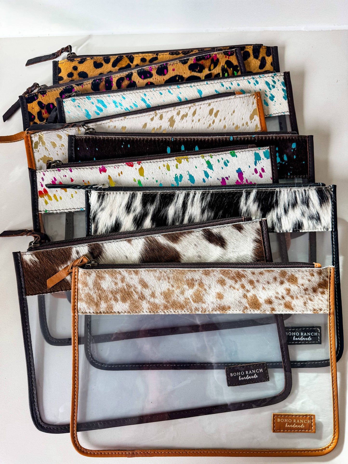 Boho Ranch Shop - Cowhide Clear Toiletry Makeup Bag, organizer Travel Pouch - TAN + WHITE COWHIDE